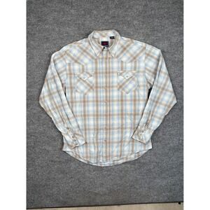 Roper Mens XL Western Pearl Snap Shirt Blue Tan Plaid Metallic Long Sleeve XL